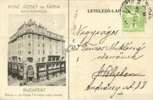 1914 Budapest V. Kunz József és társa üzlete, reklámlap. Deák Ferenc utca és Bécsi utca sarok (fl)