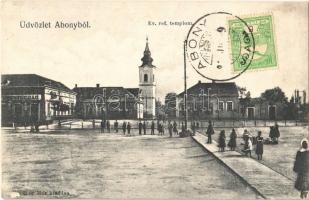 Abony, Református templom, Perényi, Brück Adolf üzlete, piaci árusok. Kiadja Müller Mór