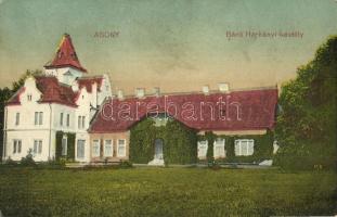 1928 Abony, Báró Harkányi kastély. Kiadja Batta Sándor + MISKOLC - DEBRECEN - BUDAPEST 20 D vasúti mozgóposta bélygező (EB)