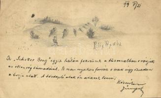 1899 Piliscsaba, a katonai táborból küldött kézzel rajzolt lap egy gyakorlatról (vágott / cut)