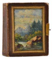 cca 1890-1900 Egészbőr fotóalbum, az elülső táblán kis tájképpel (olajfestmény), aranyozott lapélekk...