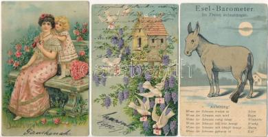 10 db főleg régi képeslap, közte dombornyomott, textil, litho, stb. / 10 mainly pre-1945 motive cards, including Emb., textile, litho, etc.