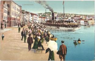 1912 Mali Losinj, Lussinpiccolo; kikötő, gőzhajó / port, steamship, crowd