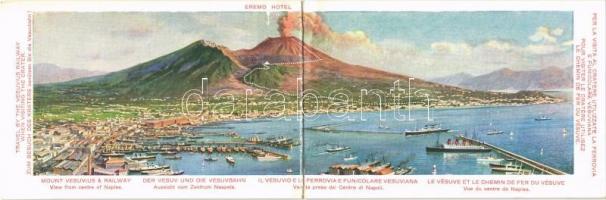 Naples, Napoli; Il Vesuvio e la Ferrovia e la Funicolare Vesuviana / Mount Vesuvius with Railway and Funicular. Travel by the Vesuvius Railway when visiting the crater. Tourist advertisement folding panoramacard (fa)