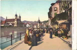 1911 Lucerne, Luzern; Markt am Reussquai / market vendors, quay (EB)