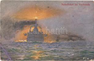 Nebelfahrt im Verbande. Unsere Marine Wohlgemuth & Lissner Kunstverlag / German Navy battleship s: Prof. Hans. Bohrdt (r)