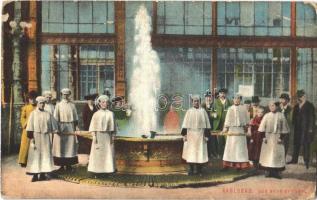 1916 Karlovy Vary, Karlsbad; Der neue Sprudel / the new fountain. Heliocolorkarte von Ottmar Zieher (EB)
