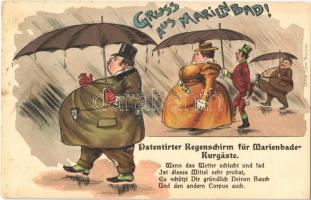 1907 Mariánské Lázne, Marienbad; Gruss aus Marienbad! Patentierter Regenschirm für Marienbader Kurgäste / umbrella for the spa guests. Ottmar Zieher humor, litho (Rb)