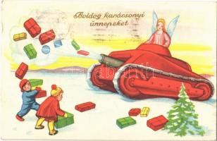 1939 Boldog Karácsonyi Ünnepeket! / Christmas greeting card, angel with a tank