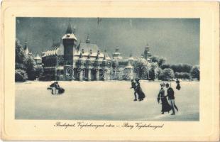 1911 Budapest XIV. Városliget, Vajdahunyad vára, korcsolyázás, téli sport (EK)
