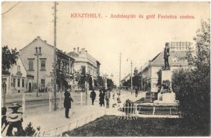 1909 Keszthely, Andrássy tér, Gróf Festetics szobor, üzletek. Kiadja Mérei Ignác 606. sz. (EK)