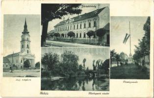 1935 Békés, Református templom, Járásbíróság, Körös-part, Országzászló. Kiadja Özv. Ince Árpádné (gyűrődés / crease)