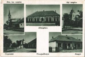 1944 Tiszapalkonya, Római katolikus templom, Községháza, automobil, Református templom, utca, Hangya Szövetkezet üzlete (ragasztónyom / glue marks)