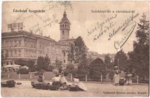 1907 Szeged, Széchenyi tér, Városháza, piaci árusok, Hay Miksa üzlete. Kiadja Grünwald Herman (EK)