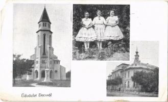 1943 Decs, Római katolikus templom, lányok népviseletben, Hangya Szövetkezet. Átal András kiadása (EM)