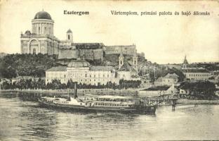 Esztergom, Vártemplom, prímási palota és hajóállomás, Bazilika, Budapest személyszállító gőzös. Kiadja Wallfisch Szidonia (fl)