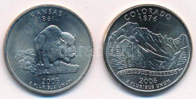 Amerikai Egyesült Államok 2005P 1/4$ "50 állam - Kansas" Cu-Ni +  2006P 1/4$ "50 állam - Colorado" Cu-Ni tanúsítvánnyal T:1 USA 2005P 1/4 Dollar "50 States - Kansas" Cu-Ni + 2006P 1/4 Dollar "50 States - Colorado" Cu-Ni with certificate C:UNC
