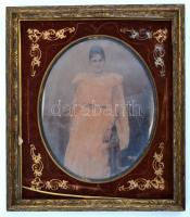 Hölgyportré, kromotípia, díszes, üvegezett keretben, a keret szétjár, 18x14 cm, keret:24x20 cm