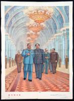 cca 1950 Sztálin, Mao Ce-Tung, Molotov, propaganda plakát, hajtásnyomokkal, 73x53 cm