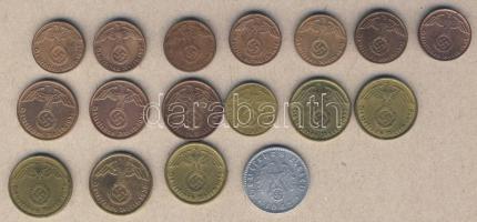 Német 3. Birodalom 1937-1940. váltópénzek (Cu/ritkább!) h.-k.-tel 1Pf(7x), 2Pf(3x), 5Pf(1x) 10Pf(5x) + 1942A 50Pf Alu(1x) összesen 17db T:2,2/3