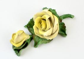 Herendi sárga porcelán rózsa, kézzel festett, jelzett, lepattanással, 14×8 cm