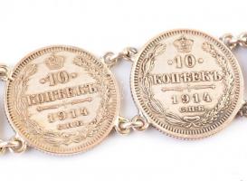 Ezüst(Ag) 10 kopekes érmékből álló karkötő, h: 18 cm, nettó: 18,2 g