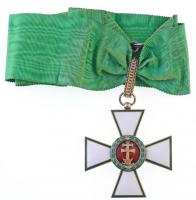 1935-1945. A Magyar Érdemkereszt II. osztálya - A Magyar Érdemrend középkeresztje zománcozott kitüntetés zöld nyakszalaggal (52mm-s későbbi típus) T:1-,2 kis zománcsérülés /  Hungary 1935-1945. Hungarian Order of Merit, Commanders Cross enamelled decoration with green neck ribbon (52mm later type) C:AU,XF small enamell error NMK 374.