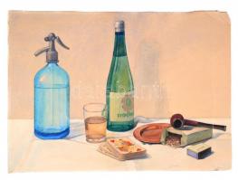Jelzés nélkül: Asztali csendélet. Akvarell, papír (gyűrött), 32×45 cm