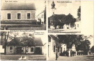 1928 Borszörcsök, Római katolikus iskola és templom, utcakép, Hangya Szövetkezet üzlete, italmérés. Szilágyi Arthur műterméből