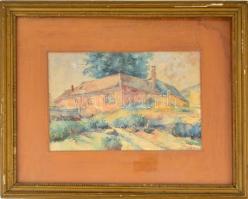 Olvashatatlan jelzéssel: Ház sarok. Akvarell, papír, üvegezett keretben, 18×29 cm