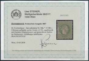 3kr yellowish green. Certificate: Steiner 3kr sárgás zöld Certificate: Steiner