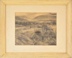 Endrédy György (1910-1988): Koponyás tájkép, szénrajz, papír, jelzett, üvegezett keretben 26×33 cm