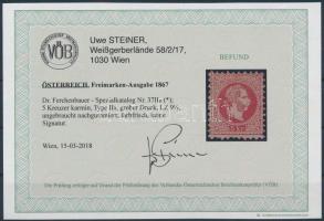 5kr carmine, regummed. Certificate: Steiner 5kr kármin, újragumizott Certificate: Steiner