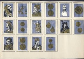 17db dekoratív gyufacímke "Uralkodók és pénzek" témakörben, kartonlapra kasírozva