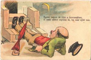 1898 Egész napon át ülsz a korcsmában s csak akkor epülsz ki, ha már éjfél van / Drunk man, humour litho (EK)