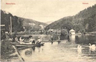 1906 Menyháza, Moneasa; Halastó, csónakázók magyar zászlóval, kisvasút / fishpond, lake, rowing boats with Hungarian flag, light railway