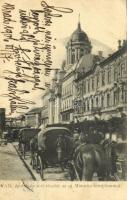 1906 Arad, Andrássy téri részlet az új minorita templommal, lovaskocsik / square with the new Minorite church (EK)