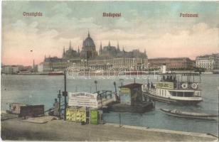 Budapest V. Országház, budai kikötő Császárfüdői jegyek és gyorsírás reklámmal (ragasztónyom / gluemark)