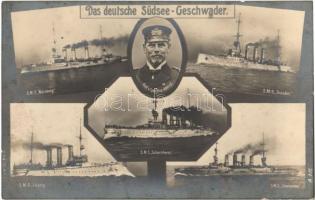 Das deutsche Südsee-Geschwader. SMS Nürnberg, SMS Leipzig, SMS Scharnhorst, SMS Dresden, SMS Gneisenau. Kaiserliche Marine / German Navy warships, Art Nouveau, Graf v. Spee Vice Admiral