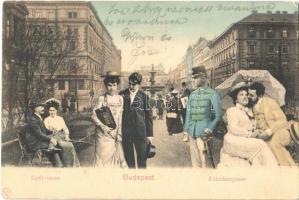 1904 Budapest VI. Gyár utca (mai Liszt Ferenc tér), montázs urakkal és hölgyekkel / Fabrikengasse