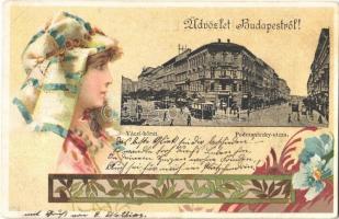 1900 Budapest VI. Váci körút (Bajcsy Zsilinszky út) és Podmaniczky utca, villamosok. Art Nouveau, litho