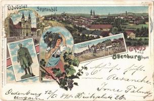 1898 Sopron, Ödenburg; Széchenyi István szobra, Várkerület, Domonkos templom, hölgy szőlővel. Regel & krug No. 1021. Art Nouveau, floral, litho (EK)