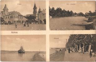 1914 Siófok, Fő tér, Sió folyó részlete, strand, gőzhajó, Balatonvidéki Takarékpénztár, kézimunka üzlet. Sámuel Adolf kiadása