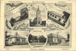 Szuhakálló, Kálló; Görög katolikus templom, Községháza, utcakép iskolával, posta, vasútállomás, szövetkezet automobillal. Art Nouveau