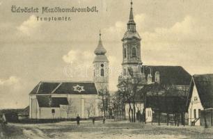 1908 Mezőkomárom, Templom tér, templomok. Fodor Jenő kiadása