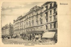 Budapest VII. Erzsébet körút, Körúti fürdő és uszoda, vízgyógyintézet, Általános Bank részvénytársaság, Titz Gyula és Gellért Zsigmond üzlete, lámpagyár