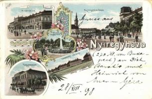 1898 Nyíregyháza, Fő tér, városház, Népkert, lovassági laktanya, főgimnázium. Art Nouveau, floral, litho (EK)