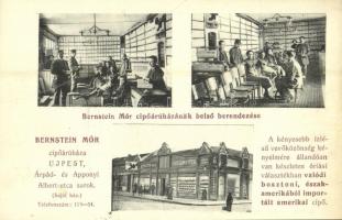 Budapest IV. Újpest, Bernstein Mór cipőáruházának belső berendezése, dolgozók és vásárlók. Árpád és Apponyi Albert utca sarok, reklám