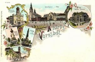 1899 Kecskemét, Fő tér, színház, zsinagóga, Katona József és Szentháromság szobor, Katolikus főgimnázium. Gallia-féle könyvkereskedés Metzger Béla kiadása, Art Nouveau, floral, litho