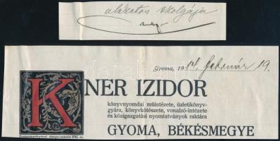 1914 Kner Izidor aláírása és számla fejléce